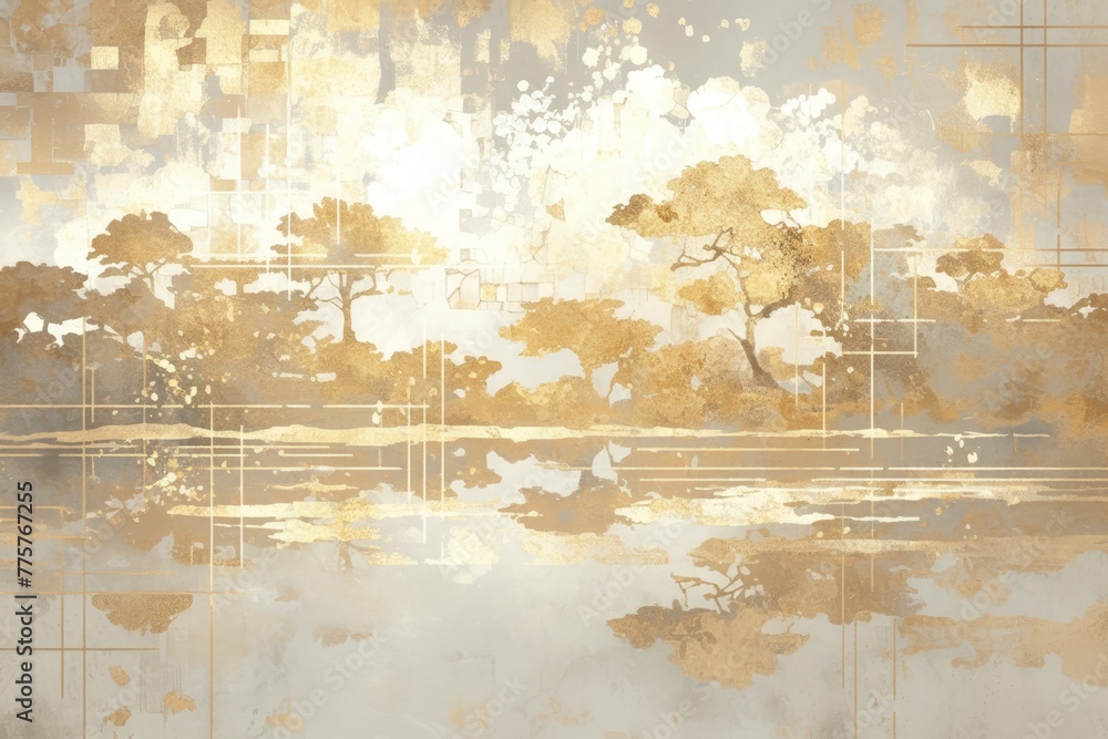Abstract painting with gold and silver, gray background