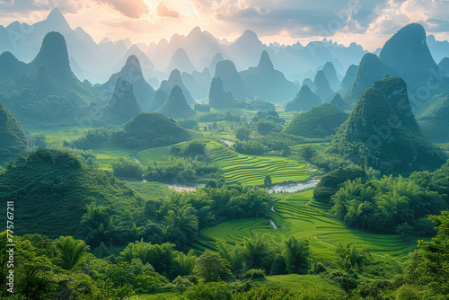 A panoramic view of the Li River winding through green mountains and foggy peaks, with water in various shades from light blue to dark emerald. Created with Ai