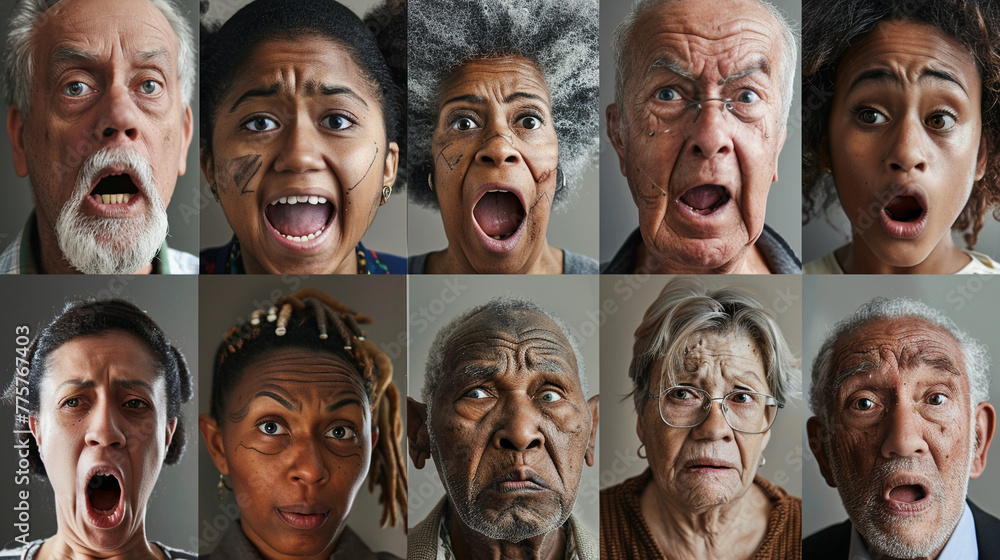 Collage showcasing a range of emotions from multicultural senior and young people, diverse human reactions