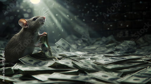 A rat or mouse eat pile of money as corruption illustration