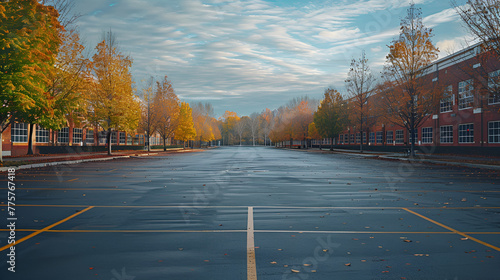 empty parking lot in the fall with upscale brick buildings on a sunny day. empty road in the foreground, Generative Ai