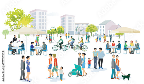 Stadtsilhouette mit Menschengruppen in der Freizeit im Wohnviertel, Illustration