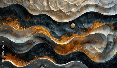 Abstract background with black, white and gold colors in the form of waves, textured plaster or plasticine in the style of waves. Created with Ai