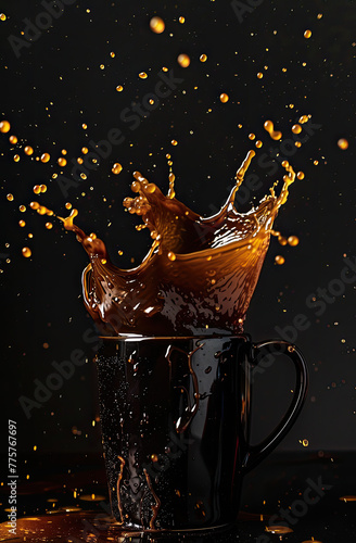 A coffee mug with splashes of dark brown liquid on the outside, creating an artistic and dynamic effect against a black background