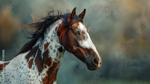 Piebald horse portrait exudes grace in the natural landscape © nur