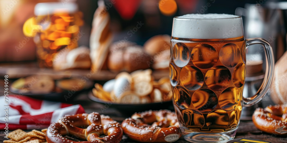 A soccer ball against the background of the national flag of Germany on the table. Glass of Beer, pretzels, snacks