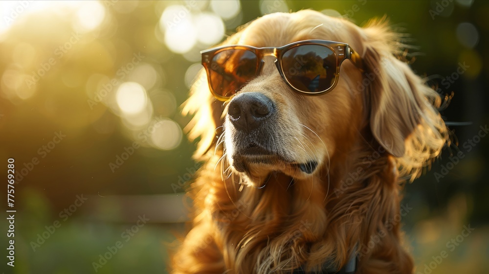Stylish dog wearing sunglasses on a sunny day