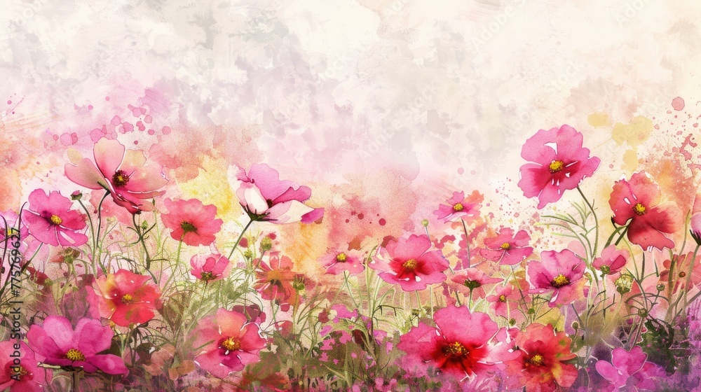 Flower Garden Background. Watercolor Illustration of Pink Flowers in Summer Garden