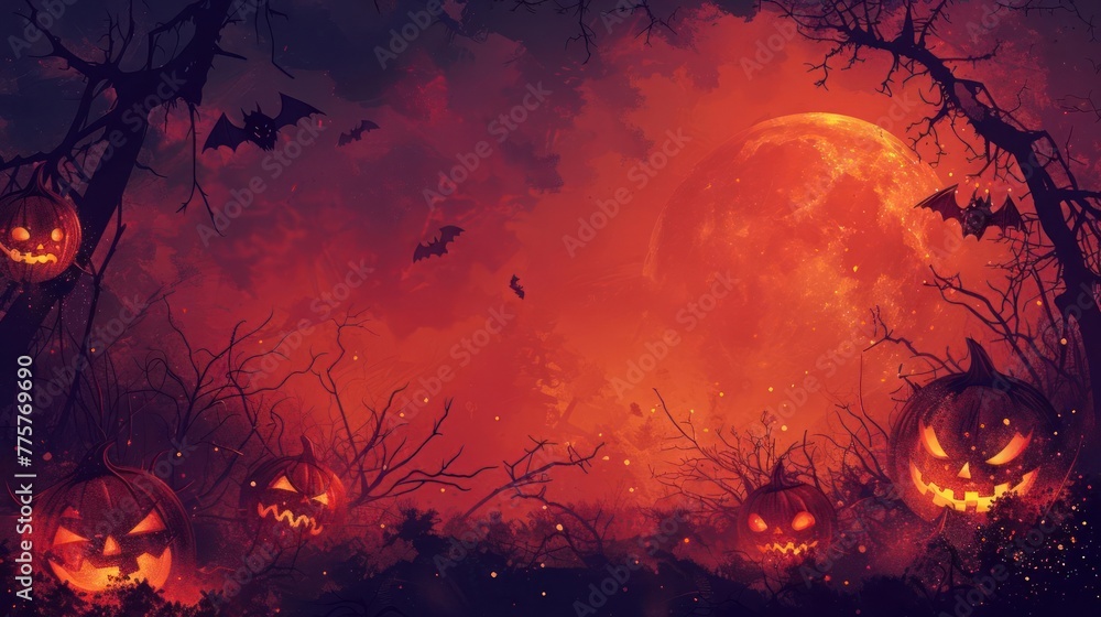 a spooky forest with lanterns and bats, with a large orange moon in the background