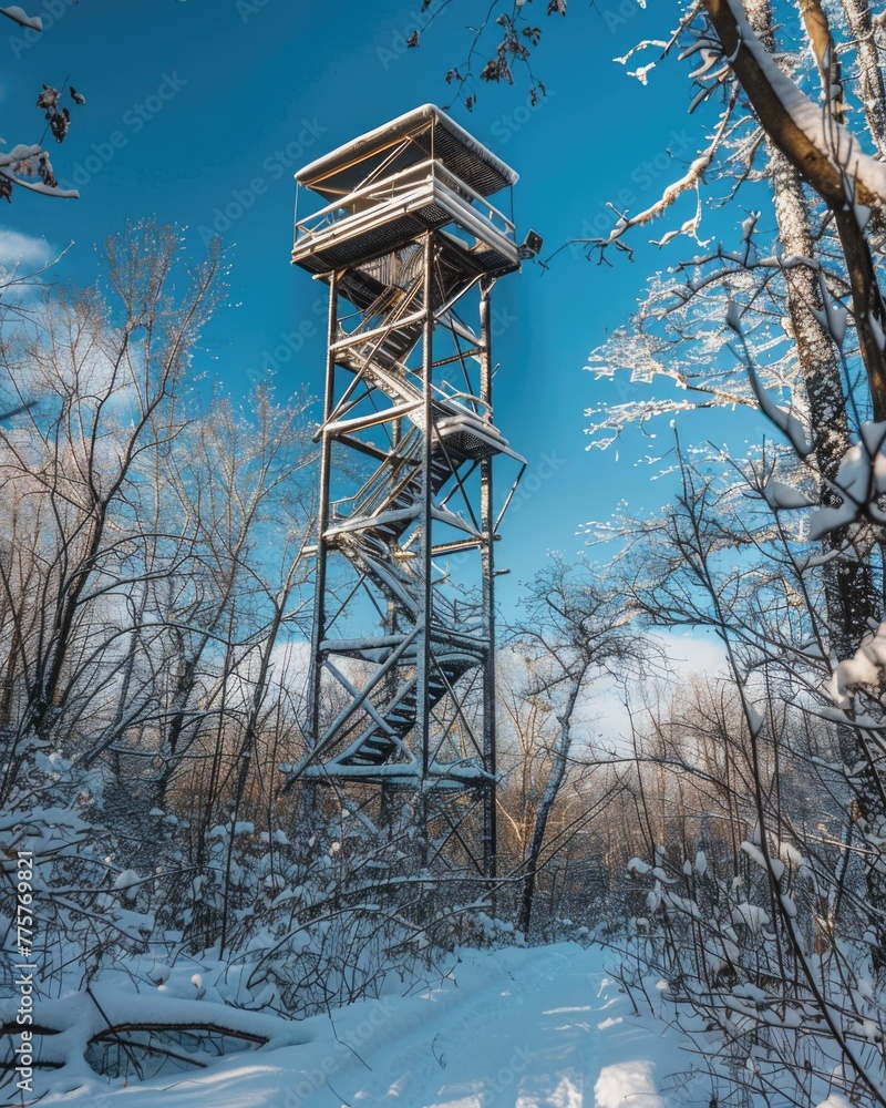 Woods Blue Sky. Snow covered metal tower - daytime scene under clear blue skies Woods Blue Sky. Snow covered metal tower - daytime scene under clear blue skies