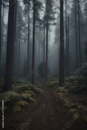 A forest path is shown in the dark with trees in the background