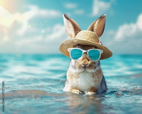 A cool rabbit in summer attire against a backdrop of water, perfect for adding promotional messages