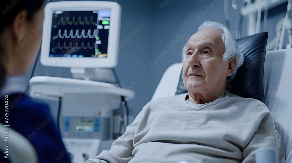 Obraz premium Elderly Patient Undergoing Cardiac Monitoring with EKG Equipment in Hospital Medical Facility