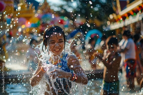 Refreshing imagery of Songkran celebrations with water elements © PrusarooYakk
