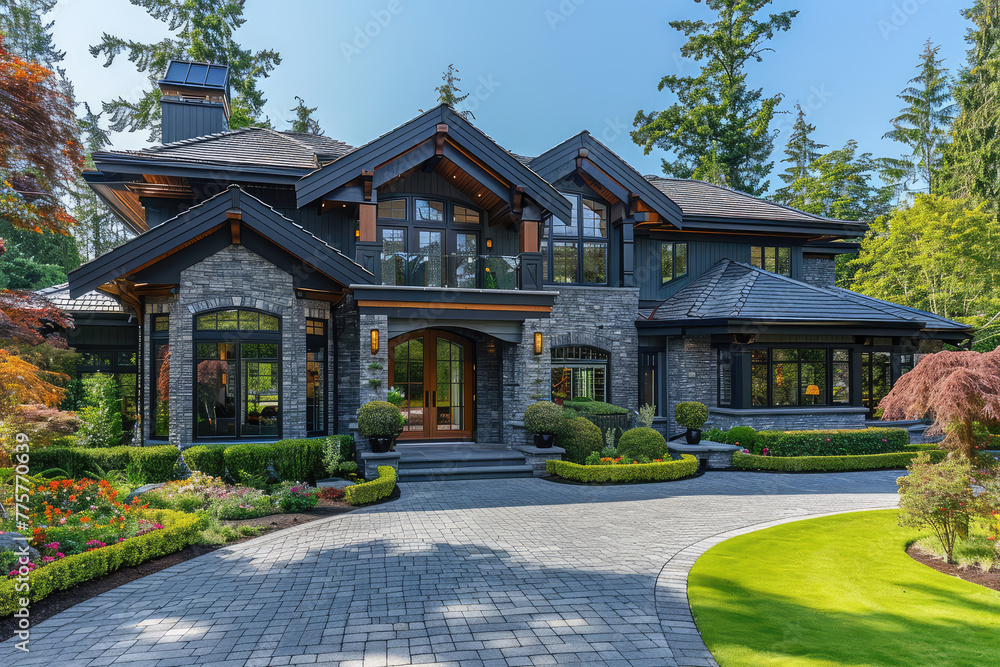 Naklejka premium The front of the exterior of an elegant and large home in west vancouver, concrete accents with stone walls. Created with Ai