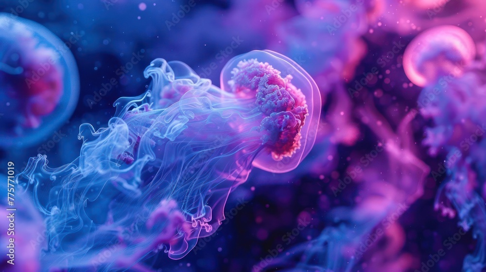 A jellyfish is seen in the middle of the image, surrounded by other jellyfish A jellyfish is seen in the middle of the image, surrounded by other jellyfish
