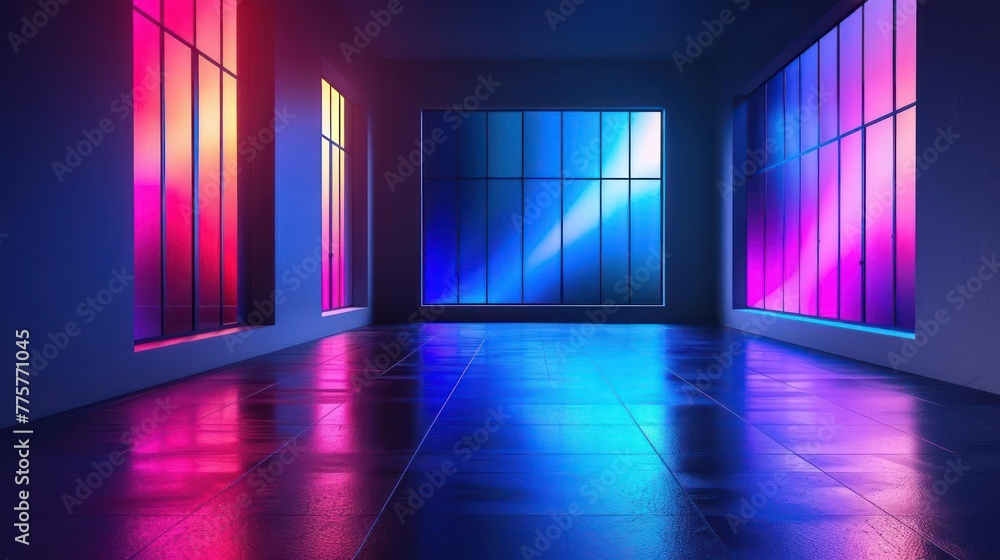A large empty room with large windows illuminated by neon light A large empty room with large windows illuminated by neon light