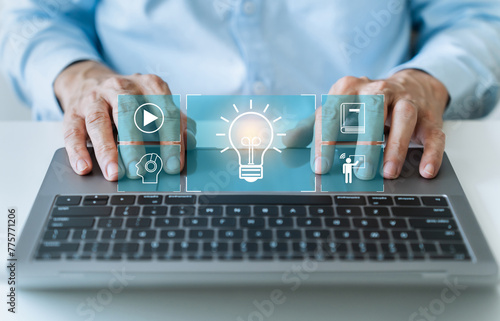 Businessperson or student study online. Success idea concept of education knowledge development and cognition learning. Skill training improvement course. Business and education concept