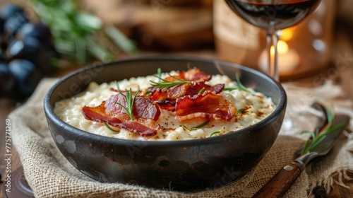Bowl of Rice With Bacon and Glass of Wine