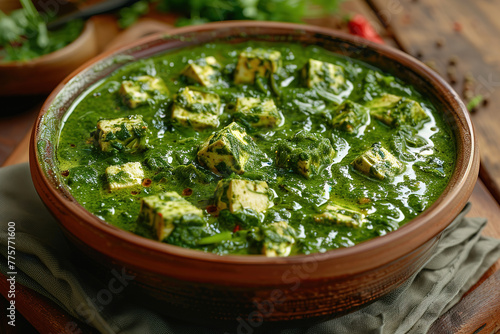 Palak paneer curry with rustic kitchen background