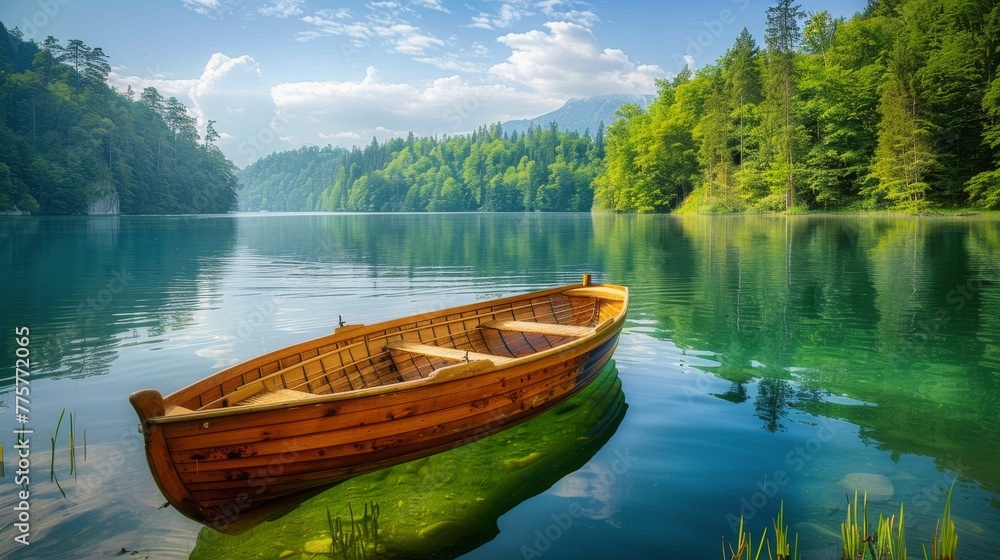 Wooden Boat Floating on Lake