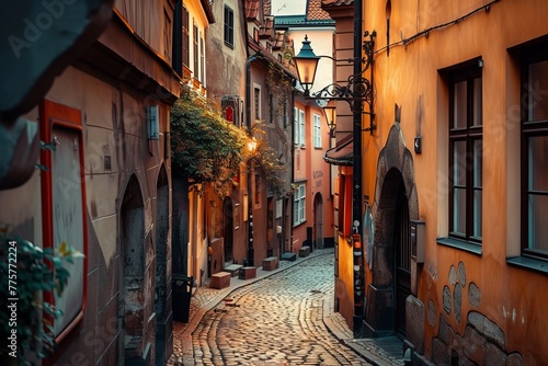 This photo showcases a typical narrow cobblestone street in a charming European city. © Vit