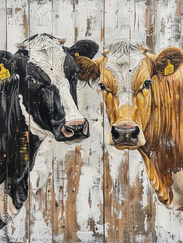 a rustic oil painting on wood of two cows, one black and white with brown spots the other golden yellow cow with dark face paint in front of an old wooden wall, neutral soft colors, modern farmhouse s