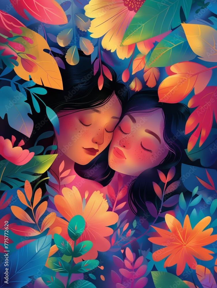 Naklejka premium Bright friendship illustration, warm magical environment, botanical