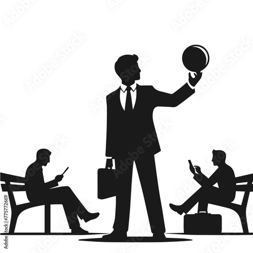 Set of Businessman character in different poses. Handsome man with beard wearing formal suit standing and walking, using phone , front, back and side view. Vector realistic illustration isolated white
