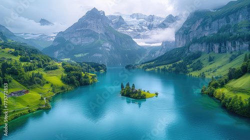 Beautiful panoramic view of the lake in Switzerland with mountains and forest background. Created with Ai © Digital Canvas
