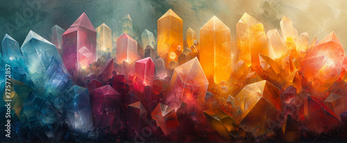 Vibrant artwork of colorful, abstract crystals. The hues transition from warm to cool tones, creating a visually striking contrast.