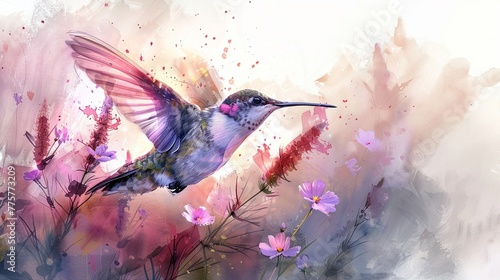 6K detailed pastel watercolor of a hummingbird hovering over a flower, serene and lifelike