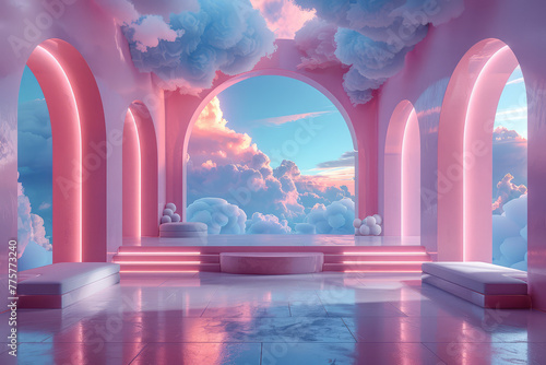 Pink and blue pastel dreamy clouds in an arched interior, a raised platform with podiums on it. Created with Ai