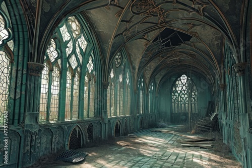 Decrepit Abandoned gothic castle. Creepy inside. Generate Ai