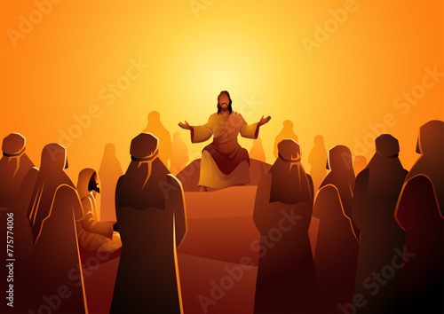Biblical silhouette illustration series, Jesus sits atop a rock, surrounded by his followers, and gives wisdom and counsel in the peaceful outdoors