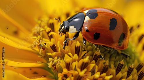 a ladybug on a yellow flower, with black dots on its body, captured with macro photography