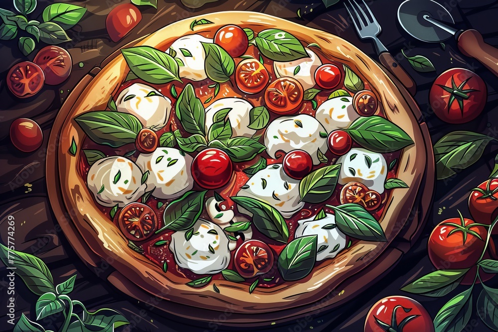 A delicious gourmet pizza topped with fresh tomatoes and mozzarella cheese.