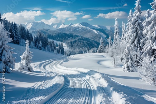 Beautiful winter landscape with ski track and snow-covered trees in mountains against blue sky with clouds, sunny day