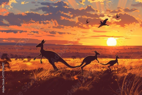 A family of red kangaroos bounding across a field in Australia at sunset. © Vit