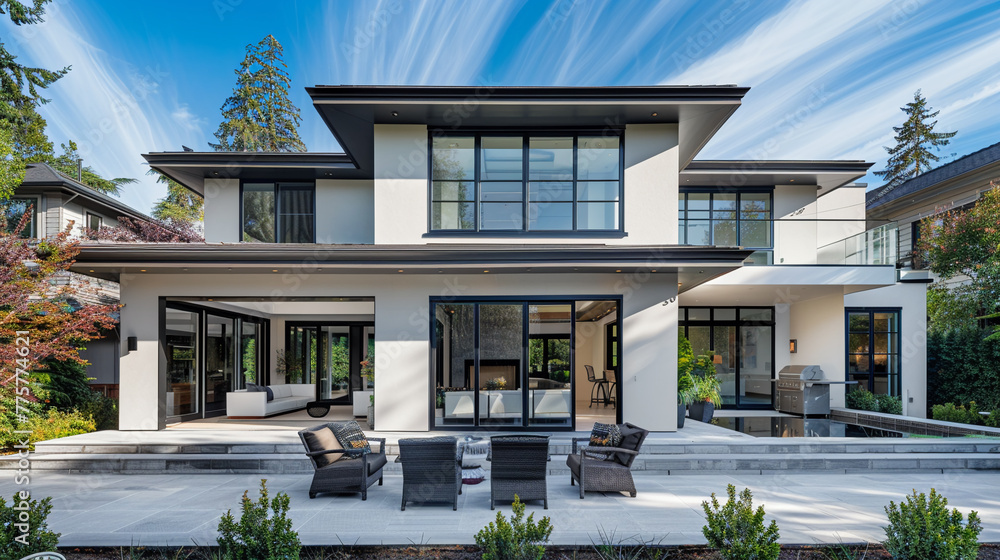 Exquisite exterior of a new luxury home, featuring a grand front patio, minimalist and modern design,