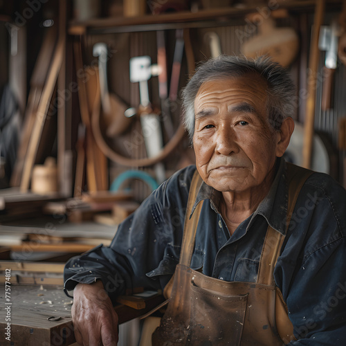 Elderly Artisan in Workshop Surrounded by Tools and Woodcrafts Capturing Professional Expertise and Heritage photo