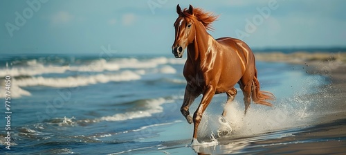 Chestnut horse galloping running at beach. Generative AI technology. photo