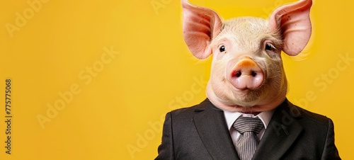 pig in a suit on a yellow background. place for text. generative ai