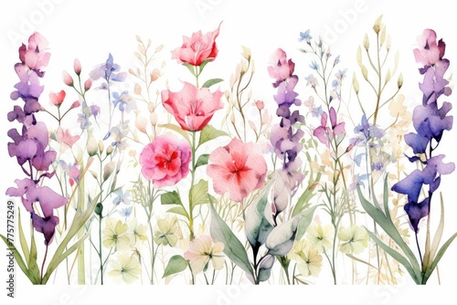 watercolor of gladiolus clipart with tall spikes of colorful blooms. flowers frame, botanical border, Watercolor Flowers Frame Isolated On White background. For greeting card. photo