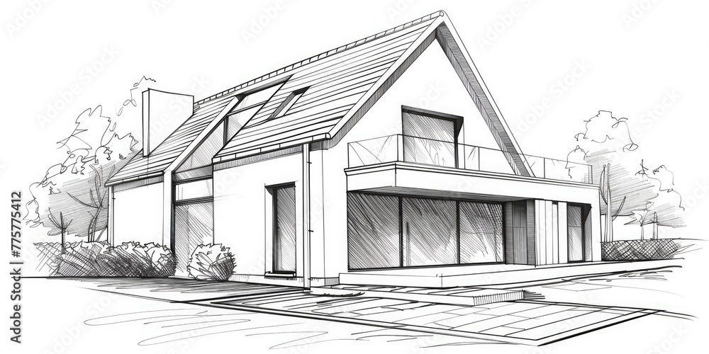 Drawing Of A House. Linear Architectural Sketch of a Detached House with Vignetting Effect