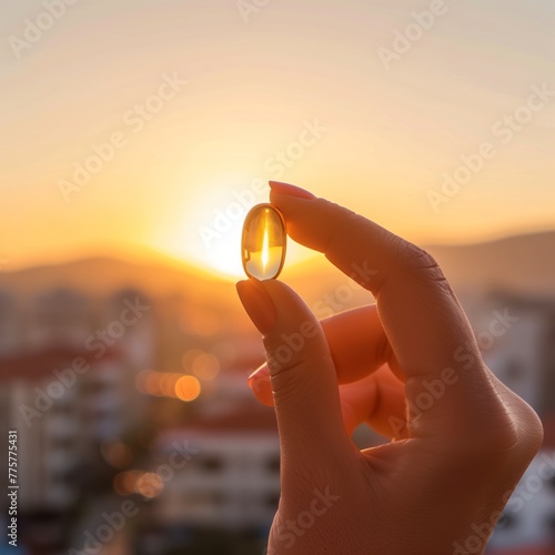 Omega-3 capsule in a woman's hand. A woman's hand holds a capsule with fish oil against the background of a sunset