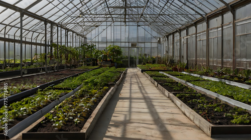 Sustainable Greenhouse Farming: Fresh Plant Seedlings Growing in Sunlit Industrial Glasshouse © HNXS Digital Art