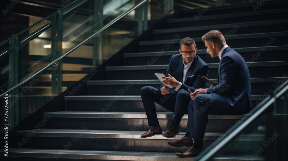 Business people sitting on outdoor staircase and communicate Business people sitting on outdoor staircase and communicate