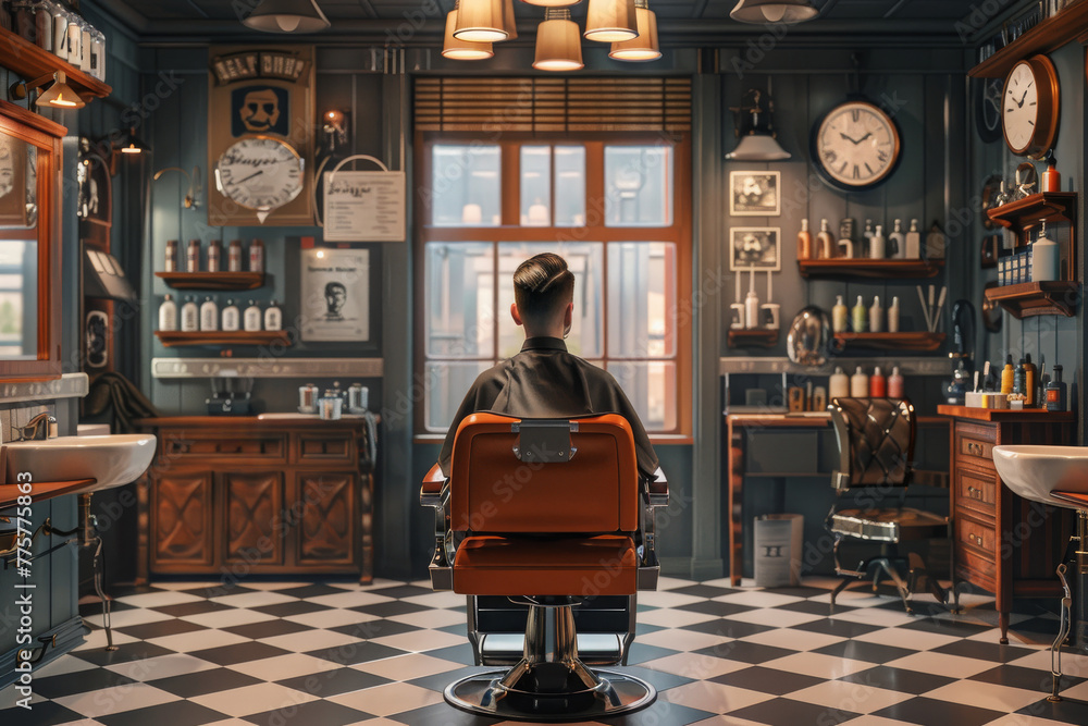 Vintage barbershop interior with a client sitting in the barber chair