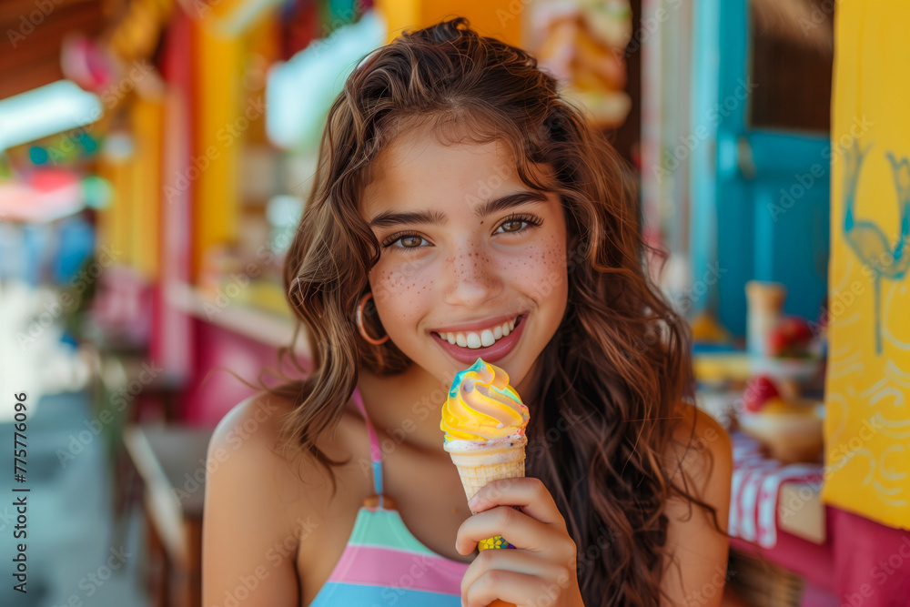 A cheerful young woman enjoys a swirl ice cream cone, against a vibrant fairground backdrop. A cheerful young woman enjoys a swirl ice cream cone, against a vibrant fairground backdrop.